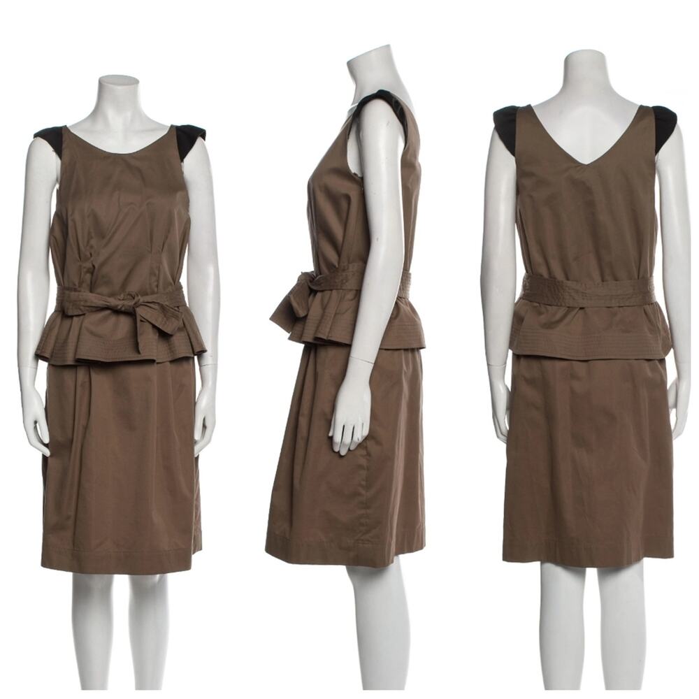 Chloe Vintage Y2K Taupe Brown Tie Belt Knee Length Peplum Career Office Dress XS
